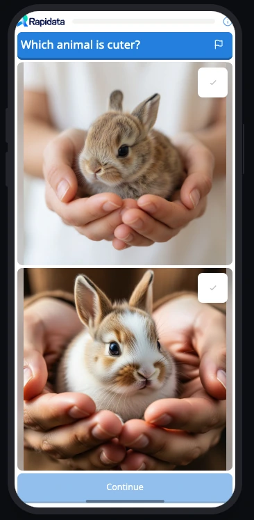The Rapidata task on a phone: 'Which animal is cuter?' above two bunny photos, with a Continue button.